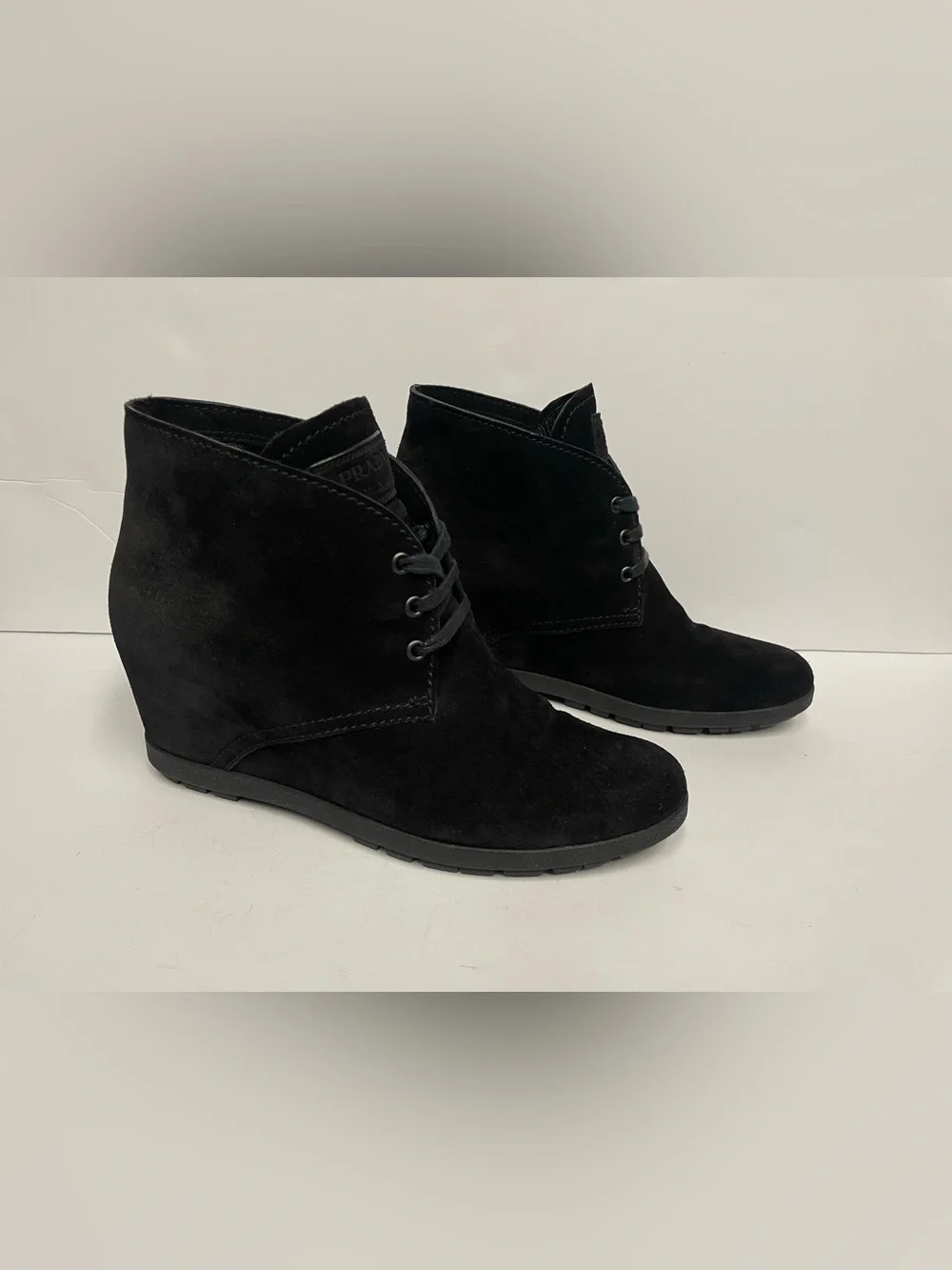 Prada sport Black Suede Wedge Ankle Boots - Women's Lace-Up Bootie 40